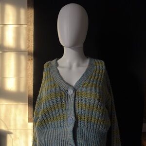 Striped V-Neck Button Cardigan in Light Blue and Olive
